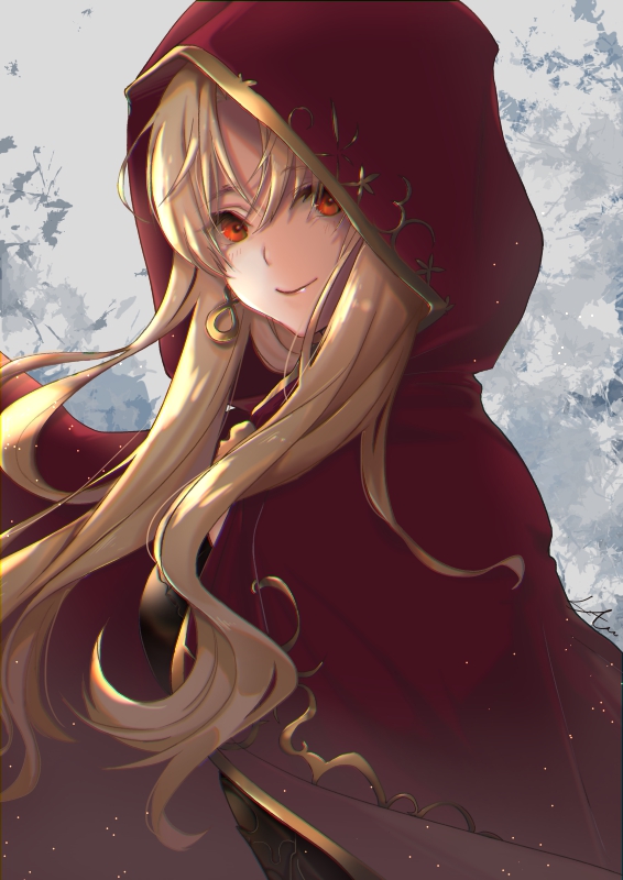 1girl bangs blonde_hair cape closed_mouth ereshkigal_(fate/grand_order) eyebrows_visible_through_hair fate/grand_order fate_(series) floating_hair grey_background hair_between_eyes higa-shi hood hood_up hooded long_hair looking_at_viewer red_cape red_eyes shiny shiny_hair smile solo upper_body very_long_hair