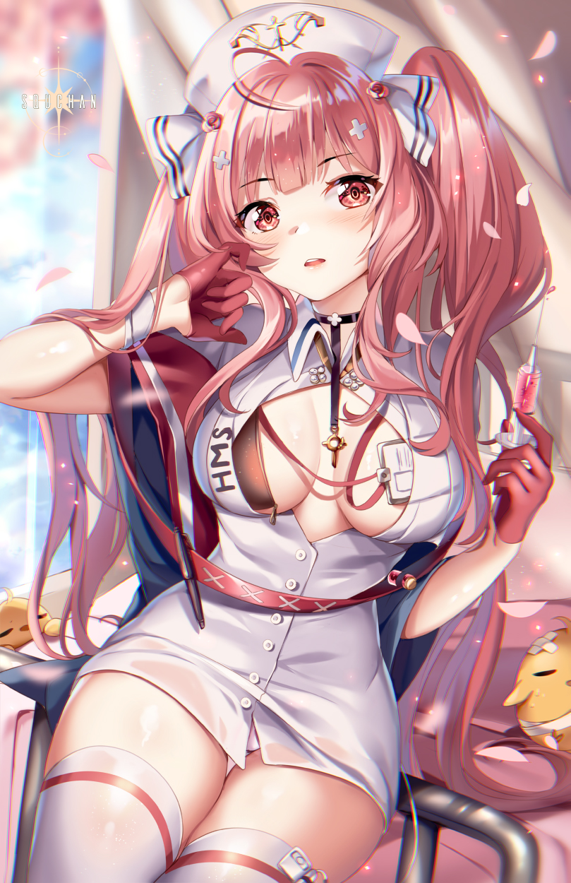 1girl animal artist_name azur_lane bandages bangs bird blurry blurry_background blush breasts chick collared_dress commentary_request crossed_bandaids curtains day depth_of_field dress eyebrows_visible_through_hair flower gloves hair_flower hair_ornament half_gloves hands_up hat highres holding holding_syringe indoors large_breasts long_hair looking_at_viewer manjuu_(azur_lane) nurse_cap open_clothes open_dress panties parted_lips perseus_(azur_lane) petals red_eyes red_flower red_gloves red_rose redhead rose short_sleeves solo squchan syringe thigh-highs twintails underwear upper_teeth very_long_hair white_dress white_headwear white_legwear white_panties