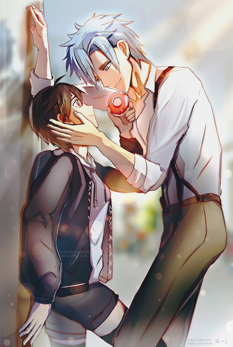 black_hair blue_hair blurry blurry_background brown_eyes doughnut ear_piercing eye_contact food fukuda_tamotsu hand_on_another's_cheek hand_on_another's_face height_difference hetero hole_in_head hondoumachi_koharu id_:invaded lens_flare looking_at_another niarss outdoors pants piercing shirt shorts standing suspenders thigh-highs wall_slam watermark web_address white_shirt