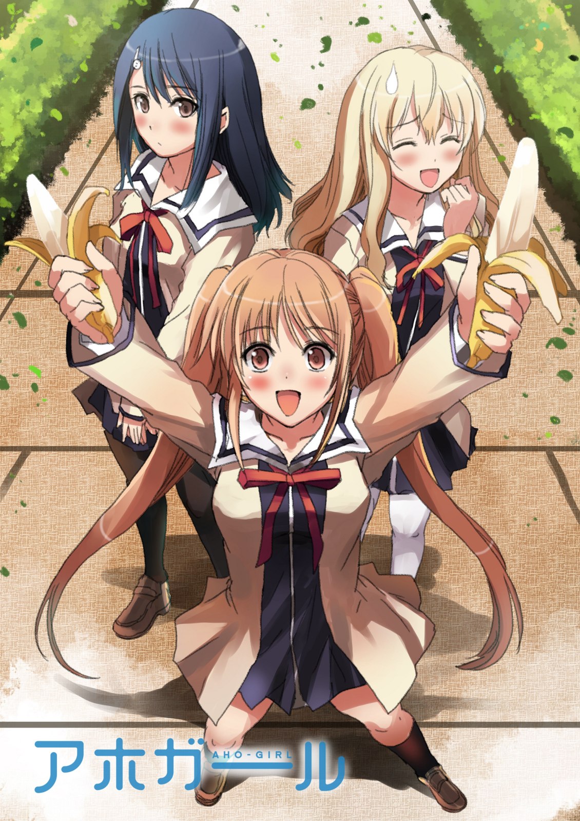 3girls aho_girl banana black_hair blonde_hair brown_eyes brown_hair closed_eyes copyright_name food from_above fruit fuuki_iinchou_(aho_girl) garimpeiro hair_ornament hairclip hanabatake_yoshiko hands_up highres logo looking_up multiple_girls open_mouth school_uniform sumino_sayaka sweatdrop twintails