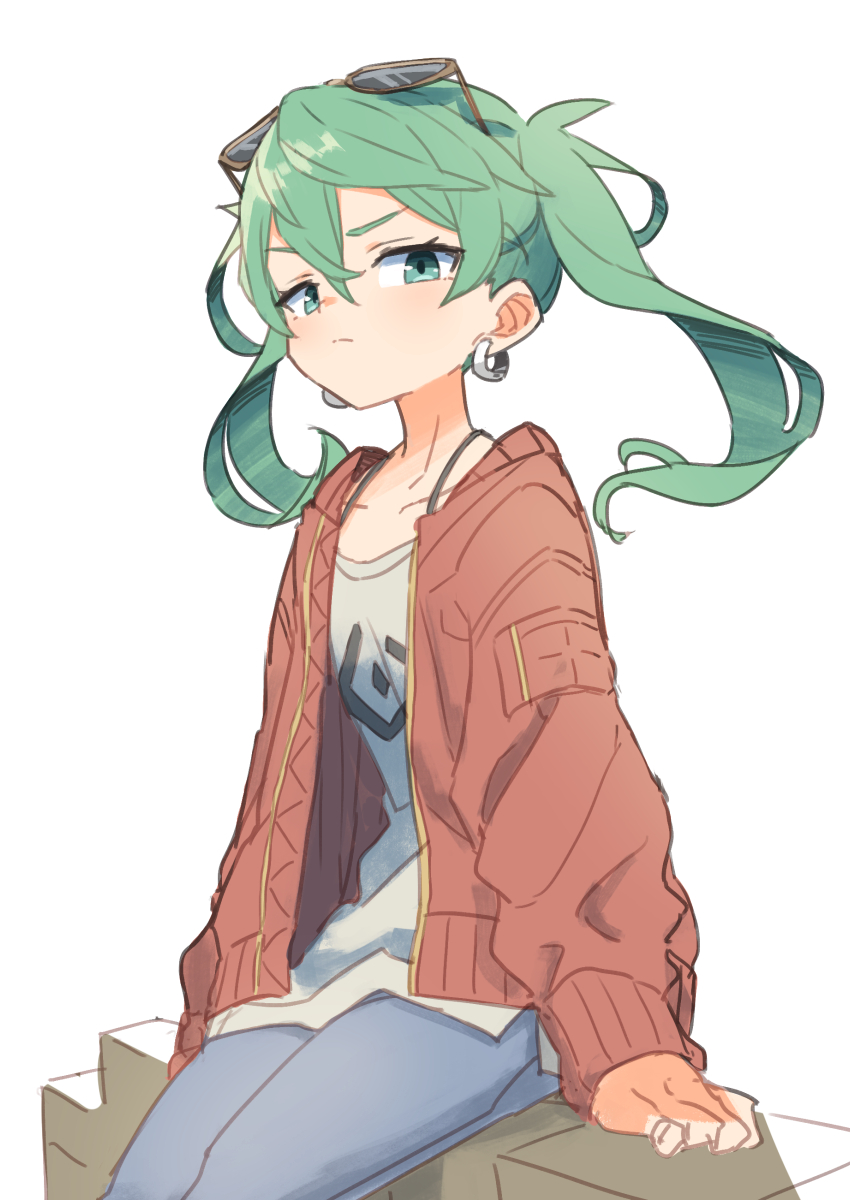 1girl bangs closed_mouth earrings eyewear_on_head gazacy_(dai) green_eyes green_hair hair_between_eyes hatsune_miku highres hoop_earrings jacket jewelry long_hair pants red_jacket shirt simple_background sitting solo suna_no_wakusei_(vocaloid) sunglasses twintails vocaloid white_background white_shirt