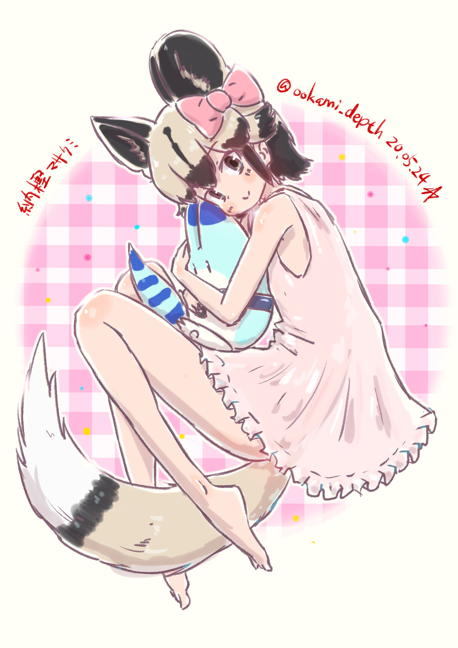 1girl african_wild_dog_(kemono_friends) alternate_costume animal_ears bangs bare_arms bare_legs bare_shoulders barefoot black_hair blonde_hair dated dog_ears dog_tail dress extra_ears full_body highres hug kemono_friends looking_at_viewer lucky_beast_(kemono_friends) multicolored_hair short_hair sleeveless sleeveless_dress smile tail twitter_username two-tone_hair yonaka-nakanoma