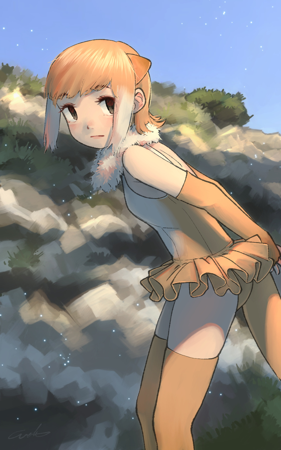 1girl animal_ears arms_behind_back bare_shoulders black_eyes commentary elbow_gloves empty_eyes expressionless extra_ears fur_collar gloves highres japanese_otter_(kemono_friends) kemono_friends leaning_forward looking_at_viewer multicolored_hair one-piece_swimsuit orange_hair otter_ears outdoors solo swimsuit swimsuit_skirt tail thigh-highs two-tone_hair welt_(kinsei_koutenkyoku) white_hair