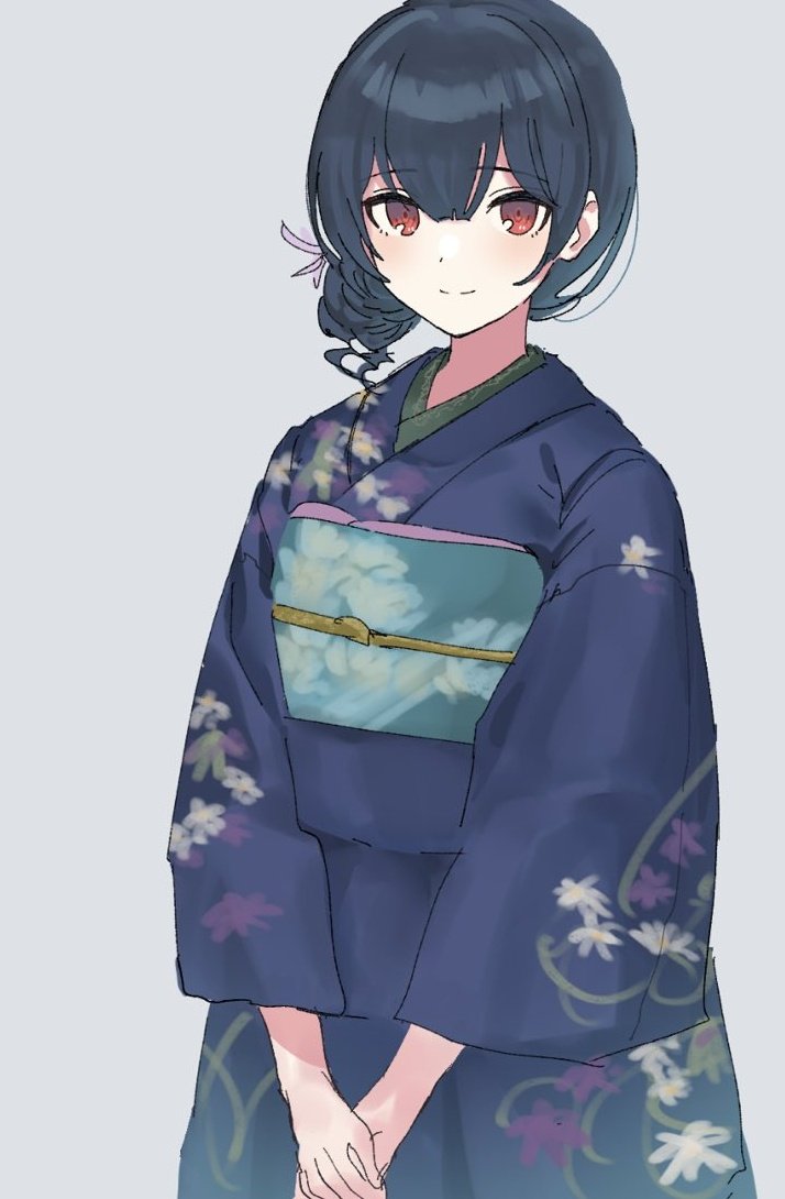 1girl bangs blue_hair blue_kimono blush closed_mouth floral_print flower grey_background hair_between_eyes hair_flower hair_ornament hands_together idolmaster idolmaster_shiny_colors japanese_clothes kimono long_sleeves looking_at_viewer morino_rinze obi red_eyes sash short_hair simple_background smile solo standing syopota