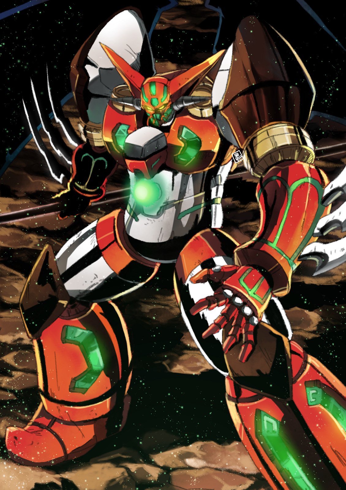 drill garimpeiro getter_rays getter_robo glowing glowing_eyes highres holding holding_weapon horns krita_(medium) looking_down mecha no_humans open_hand shin_getter-1 shin_getter_robo solo super_robot weapon wings yellow_eyes