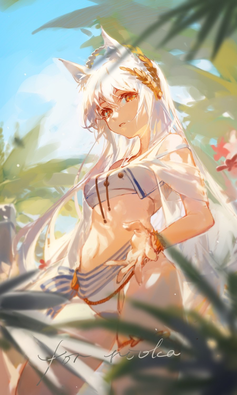 1girl alternate_costume animal_ear_fluff animal_ears arknights bangs bare_shoulders bikini bracelet breasts brown_eyes ciloranko commentary_request day english_text hand_up highres horse_ears jewelry laurel_crown long_hair looking_at_viewer md5_mismatch navel outdoors parted_lips platinum_(arknights) sash sidelocks solo standing swimsuit thighlet thighs very_long_hair white_hair