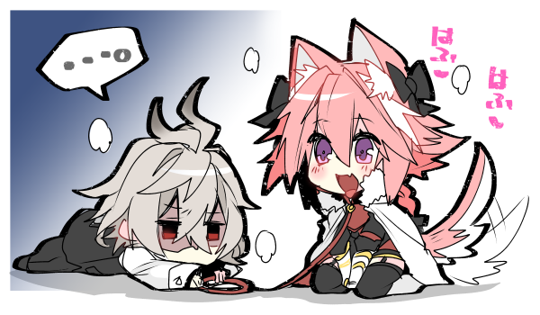 animal_ears astolfo_(fate) blush chibi collar commentary_request dog_boy dog_ears dog_tail eyebrows_visible_through_hair fang fate/apocrypha fate_(series) full_body gradient gradient_background grey_background grey_hair hair_between_eyes haoro highlights kneeling leash long_hair long_sleeves lying multicolored_hair on_stomach open_mouth pink_hair red_eyes sieg_(fate/apocrypha) simple_background skin_fang tail thigh-highs tongue two-tone_hair violet_eyes white_background white_hair