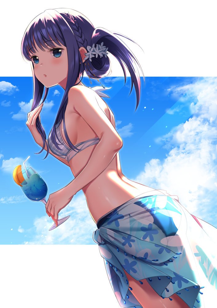 1girl blue_eyes blue_hair blue_sky blush braid clouds drink folded_hair hair_up holding holding_drink looking_at_viewer magia_record:_mahou_shoujo_madoka_magica_gaiden mahou_shoujo_madoka_magica nanami_yachiyo omochimochi sky solo swimsuit