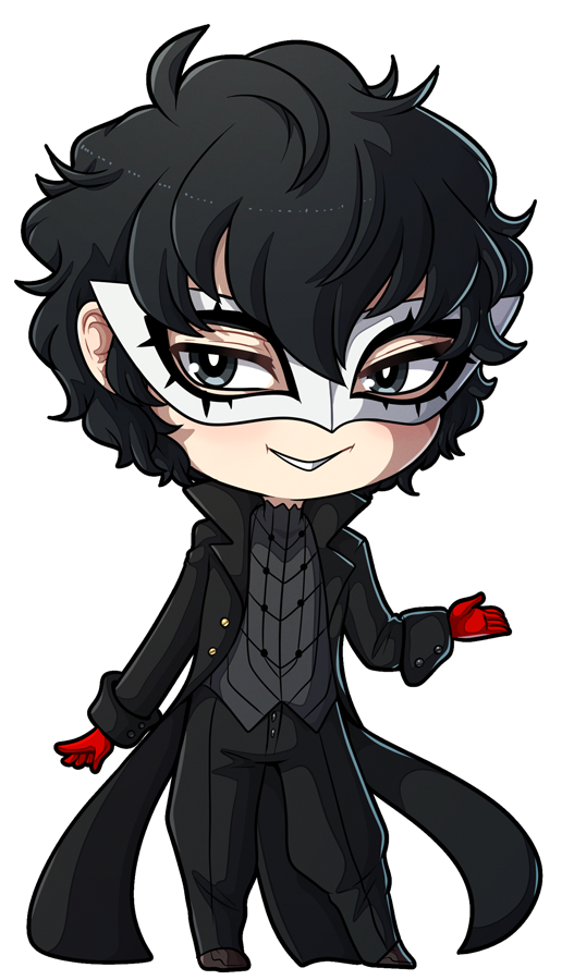 1boy amamiya_ren black_coat black_eyes black_hair black_legwear black_vest chibi coat gloves hand_up kinkymation long_coat mask messy_hair persona persona_5 persona_5_the_royal red_gloves vest waistcoat