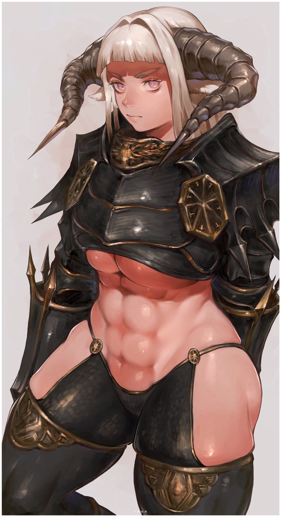 1girl abs animal_ears arm_at_side arm_behind_back armor bangs black_armor black_horns black_legwear blonde_hair blunt_bangs border breasts closed_mouth densen_(itoguchi) expressionless gauntlets grey_background highres horns huge_breasts long_hair looking_at_viewer muscle muscular_female navel original pauldrons pink_eyes revealing_clothes shoulder_armor simple_background skindentation solo thick_thighs thigh-highs thighs under_boob white_border
