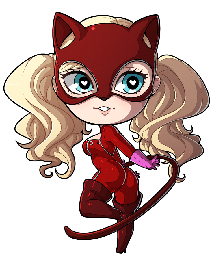 1girl animal_costume animal_ears ass blonde_hair blue_eyes bodysuit boots cat_costume cat_ears cat_tail chibi high_heel_boots high_heels kinkymation mask persona persona_5 persona_5_the_royal red_bodysuit red_footwear shin_megami_tensei tail takamaki_anne thigh-highs thigh_boots twintails
