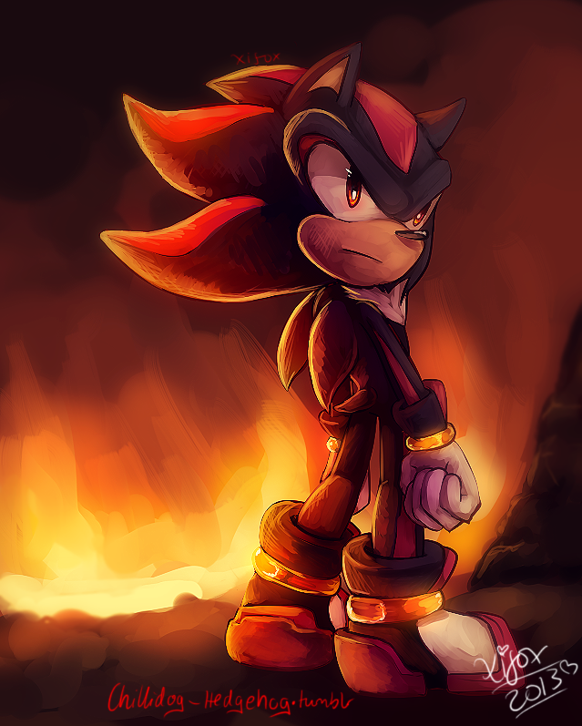 1boy animal_ears artist_name black_hair blurry blurry_background clenched_hand closed_mouth dated fire from_behind full_body furry gloves heart male_focus multicolored_hair red_eyes red_footwear redhead shadow_the_hedgehog shoes sideways_mouth signature solo sonic_the_hedgehog spacecolonie standing tail tumblr_username two-tone_hair white_gloves
