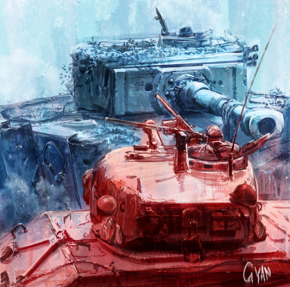 1boy fury_(movie) ground_vehicle gun gyan_(akenosuisei) m4_sherman machine_gun military military_vehicle motor_vehicle smoke tank tiger_i weapon