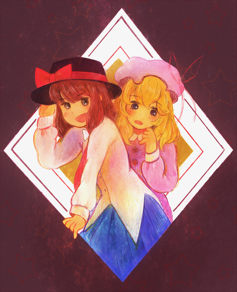 2girls blonde_hair blue_skirt brown_hair dress fedora hat light_blue_skirt looking_at_viewer maribel_hearn mob_cap multiple_girls necktie papuri_ko purple_background purple_dress red_ribbon ribbon shirt skirt star_(symbol) touhou usami_renko white_shirt