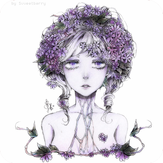 1girl arms_at_sides bangs collarbone commentary english_commentary eyelashes flower grey_hair grey_skin hair_flower hair_ornament lavender_eyes long_hair looking_at_viewer low_twintails marker_(medium) nude original parted_lips purple_flower simple_background solo svveetberry swept_bangs traditional_media twintails watercolor_(medium) white_background