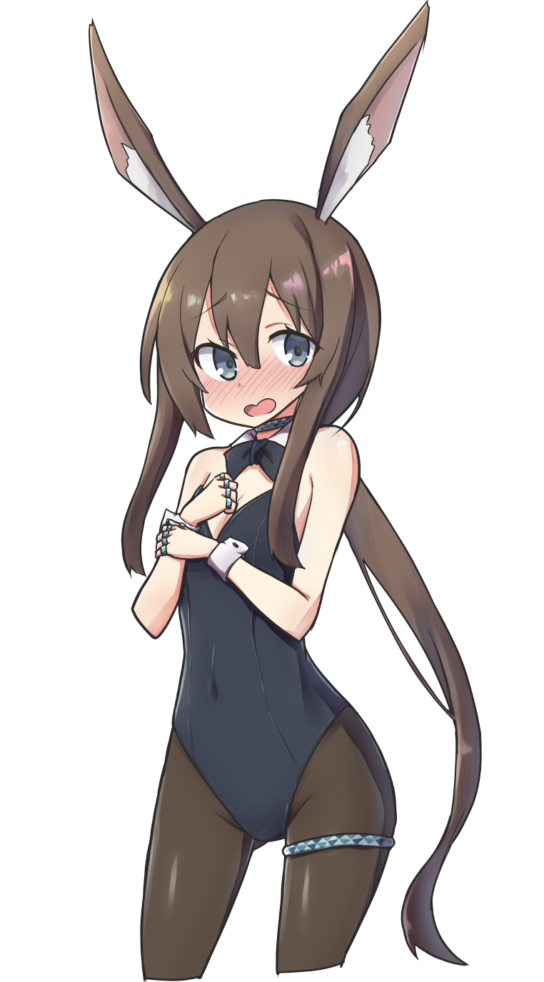 1girl amiya_(arknights) animal_ears arknights bare_shoulders black_leotard black_neckwear blush bow bowtie breasts brown_hair bunny_girl bunnysuit commentary_request detached_collar eyebrows_visible_through_hair grey_eyes hair_between_eyes highres leotard long_hair looking_at_viewer multiple_rings open_mouth pantyhose ponytail rabbit_ears simple_background small_breasts solo thigh_strap toro_th very_long_hair white_background wrist_cuffs