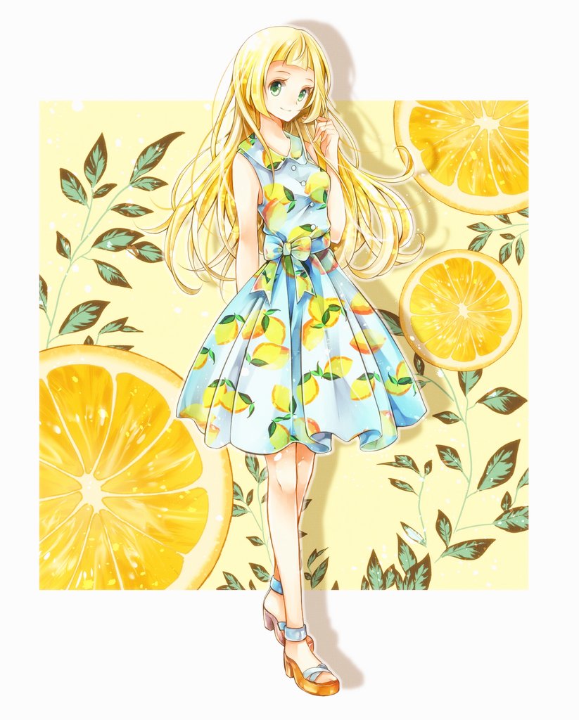 1girl alternate_costume alternate_hairstyle bangs blonde_hair blue_dress blunt_bangs breasts closed_mouth collared_dress commentary dress full_body green_eyes head_tilt lemon_print lillie_(pokemon) long_hair looking_at_viewer no_legwear pokemon pokemon_(game) pokemon_sm sandals sleeveless sleeveless_dress small_breasts smile solo standing sundress yomogi_(black-elf)