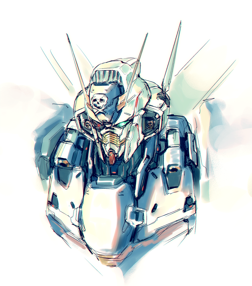 banchengping@126 blue_eyes close-up crossbone_gundam crossbone_gundam_x-1 glowing glowing_eye gundam looking_down mecha one_eye_covered pirate sketch skull skull_and_crossbones solo v-fin white_background