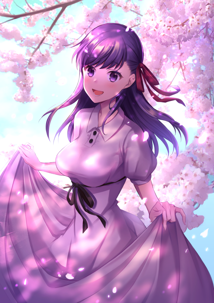 1girl breasts cherry_blossoms dress dress_lift fate/stay_night fate_(series) hair_ribbon heaven's_feel looking_at_viewer matou_sakura medium_breasts omochimochi open_mouth petals puffy_short_sleeves puffy_sleeves purple_hair red_ribbon ribbon short_sleeves smile solo violet_eyes white_dress