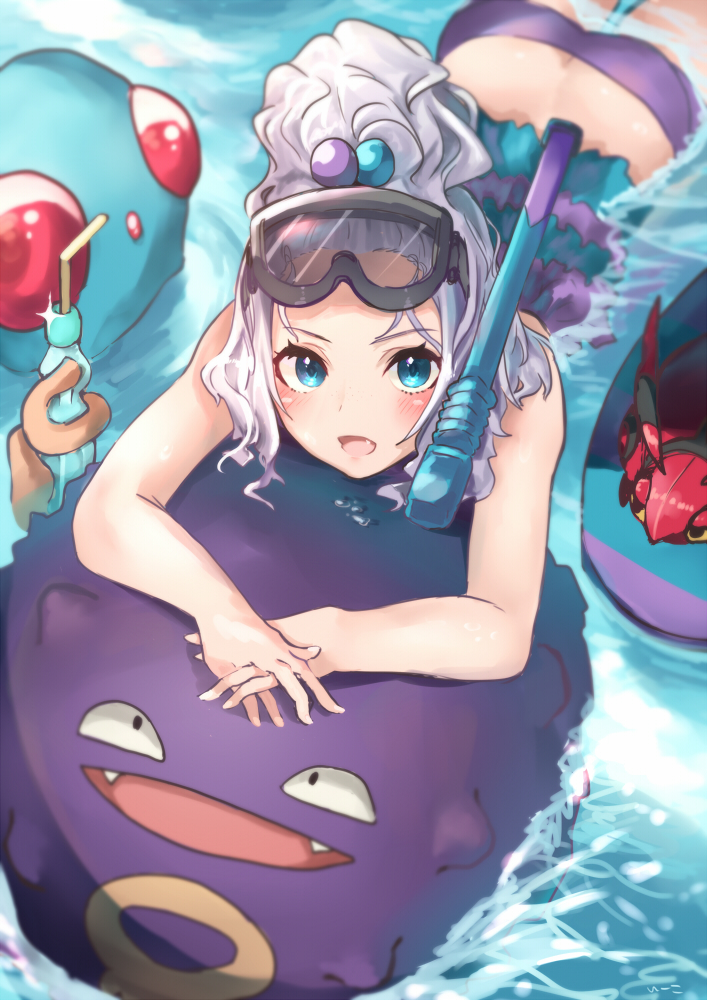 1girl afloat ass bangs bare_shoulders bikini blue_eyes blush bottle butt_crack commentary_request e-co eyebrows_visible_through_hair fang fangs from_above gen_1_pokemon gen_5_pokemon glint gym_leader hair_bobbles hair_ornament holding holding_bottle homika_(pokemon) koffing looking_at_viewer lying midriff on_stomach open_mouth partially_submerged pokemon pokemon_(creature) pokemon_(game) pokemon_bw2 purple_bikini short_hair sidelocks snorkel striped striped_bikini swimsuit tentacool topknot venipede water white_hair