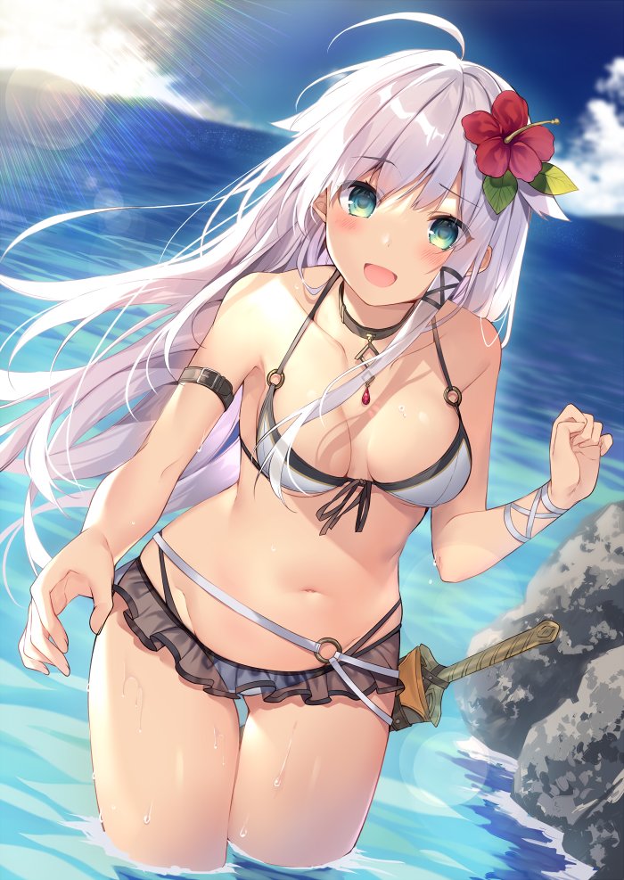 1girl :d ahoge anceril_sacred arm_strap bare_shoulders beach bikini blush breasts choker commentary_request day floating_hair flower green_eyes grey_bikini groin hair_flower hair_ornament hair_ribbon long_hair looking_at_viewer medium_breasts mishima_kurone navel o-ring open_mouth outdoors reaching_out ribbon shirokami_project sidelocks silver_hair smile solo stomach sunlight swimsuit sword tress_ribbon very_long_hair wading weapon wet wrist_wrap