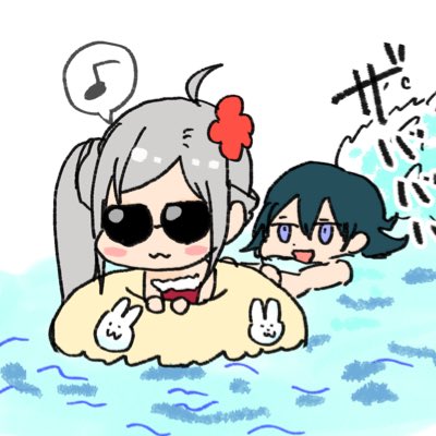 2girls ahoge animal_print bikini blue_eyes blue_hair blush_stickers bunny_print byleth_eisner_(female) chibi closed_mouth cute edelgard_von_hresvelg fire_emblem fire_emblem:_three_houses fire_emblem:_three_houses fire_emblem_16 fire_emblem_heroes flower flower_hair_ornament flower_on_head hair_flower innertube intelligent_systems lagoon lowres musical_note nintendo open_mouth pushing rabbit_print rakitarou red_swimsuit smile splash splashing summer sunglasses super_smash_bros. swimming swimsuit water white_hair