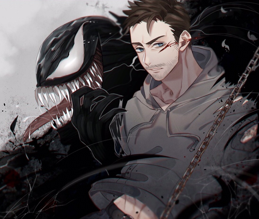 2boys bodysuit claws dual_persona eddie_brock facial_hair iyo_(nanaka-0521) looking_at_viewer male_focus marvel multiple_boys muscle open_mouth sharp_teeth short_hair simple_background smile symbiote teeth tongue tongue_out venom_(marvel)