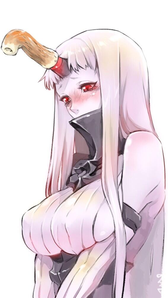 1girl bare_shoulders blush breast_squeeze breasts closed_eyes covered_mouth detached_sleeves embarrassed from_side horns kantai_collection large_breasts long_hair looking_down nonco red_eyes seaport_hime simple_background single_horn solo tagme upper_body very_long_hair white_background white_hair