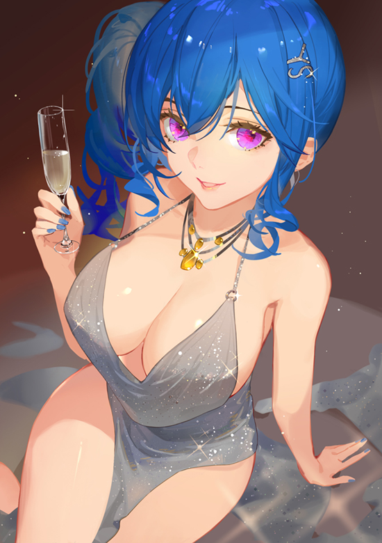 1girl alcohol azur_lane bangs bare_arms bare_shoulders blue_hair blue_nails champagne champagne_flute collarbone commentary cup dress drinking_glass english_commentary evening_gown fingernails from_above glint grey_dress hair_ornament holding holding_cup jewelry long_fingernails long_hair looking_at_viewer looking_up nail_polish necklace o-ring o-ring_dress parted_lips pelvic_curtain plunging_neckline side_ponytail sidelocks sitting sleeveless sleeveless_dress smile solo songjikyo st._louis_(luxurious_wheels)_(azur_lane) thighs violet_eyes