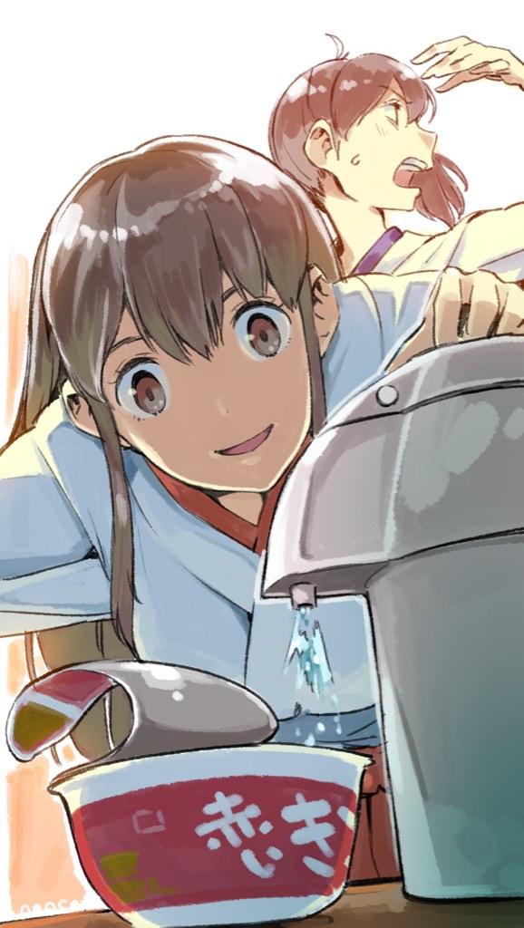 2girls :d ahoge akagi_(kantai_collection) bowl brown_eyes brown_hair hakama hand_up japanese_clothes kaga_(kantai_collection) kantai_collection leaning_forward long_hair multiple_girls nonco open_mouth profile signature smile sweat water wide-eyed