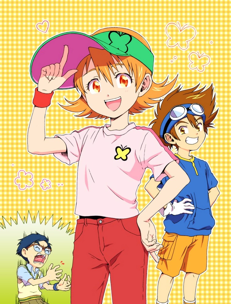 1daijida 1girl 2boys :d bangs blonde_hair blue_shirt brown_eyes brown_hair digimon digimon_adventure gloves goggles goggles_on_head grin hair_between_eyes hands_on_hips kido_jou looking_at_viewer multiple_boys open_mouth pants pink_shirt red_pants shiny shiny_hair shirt short_hair short_sleeves shorts smile solo spiky_hair takenouchi_sora visor_cap white_gloves yagami_taichi yellow_background yellow_shorts