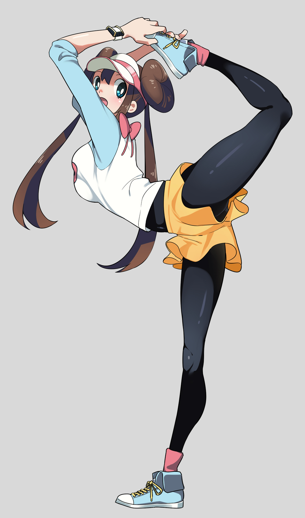 1girl black_legwear blue_eyes bow breasts brown_hair commentary_request double_bun flexible full_body grey_background highres kaedeko_(kaedelic) leg_up medium_breasts mei_(pokemon) open_mouth pantyhose pink_bow pokemon pokemon_(game) pokemon_bw2 shirt shoes short_shorts shorts simple_background smile socks solo stretch upshorts visor_cap watch yellow_shorts