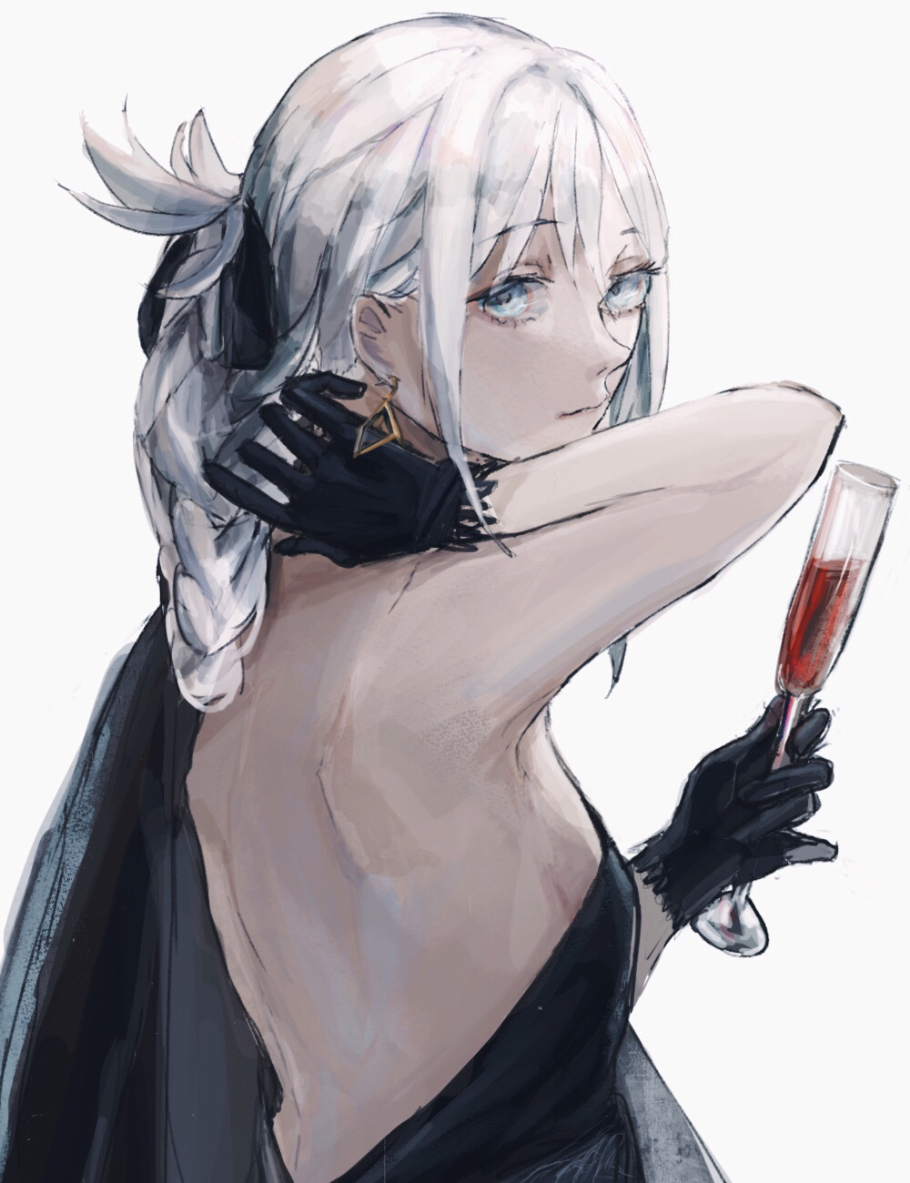 alcohol an-94_(girls_frontline) aqua_eyes arm_up armpits bangs bare_back bare_shoulders black_dress black_gloves black_ribbon braid braided_bun breasts champagne closed_mouth cocktail_dress cocktail_glass commentary_request cup dress drinking_glass earrings expressionless eyebrows_visible_through_hair frilled_gloves frills from_side girls_frontline gloves hair_ribbon hand_behind_head head_tilt highres holding holding_cup jewelry looking_at_viewer medium_breasts partial_commentary platinum_blonde_hair ribbon sideboob sidelocks simple_background strapless strapless_dress sushiwa tied_hair white_background