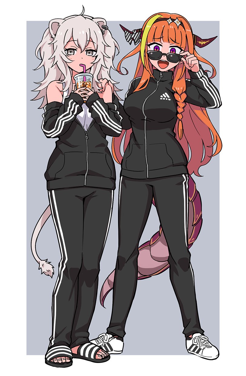 2girls adidas adjusting_eyewear ahoge animal_ears bangs bare_shoulders blonde_hair blush bow breasts cup dragon_horns dragon_tail drinking drinking_straw earrings eyebrows_visible_through_hair full_body grey_eyes grey_hair hair_between_eyes hairband highres holding hololive horn_bow horns jacket jewelry kiryuu_coco large_breasts lion_ears lion_girl lion_tail long_hair looking_at_viewer multicolored_hair multiple_girls open_mouth orange_hair pants partially_unzipped sandals shishiro_botan shoes smile sneakers solo sportswear standing sunglasses sweatpants tail violet_eyes virtual_youtuber yoban