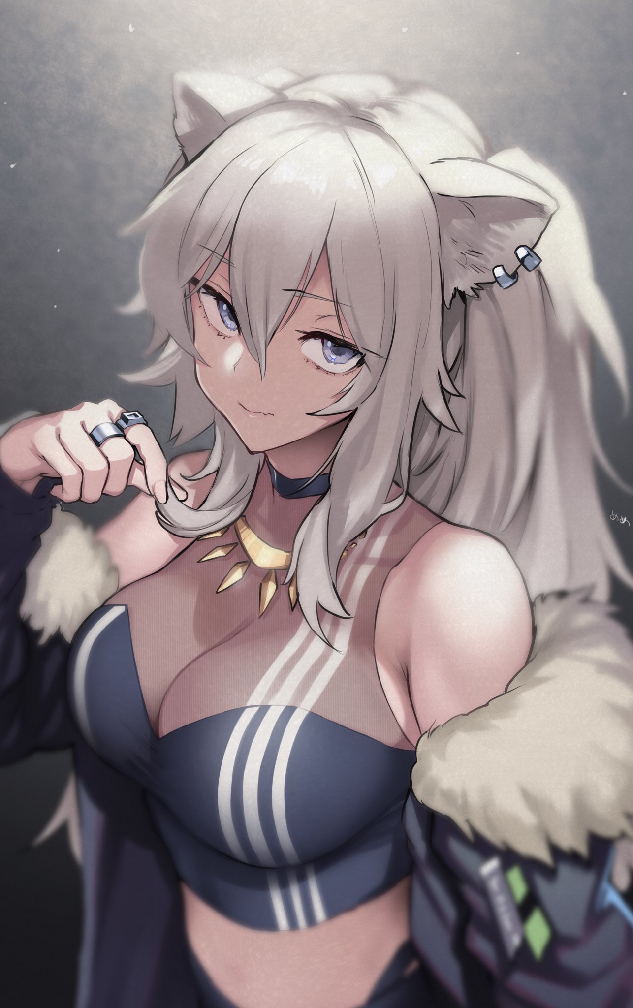 1girl animal_ears bare_shoulders breasts crop_top earrings eyebrows_visible_through_hair fur-trimmed_jacket fur_trim grey_eyes grey_hair hair_between_eyes highres hololive jacket jewelry large_breasts lion_ears lion_girl long_hair looking_at_viewer meme50 multiple_rings necklace off_shoulder playing_with_own_hair shirt shishiro_botan solo virtual_youtuber