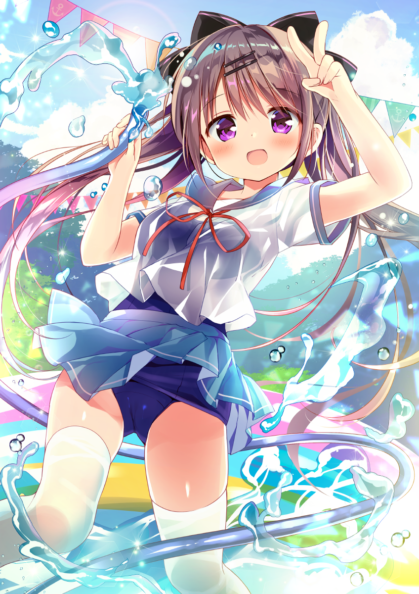 1girl :d anchor_symbol arm_up bangs black_bow blue_sailor_collar blue_skirt blue_swimsuit blush bow breasts brown_hair commentary_request day eyebrows_visible_through_hair hair_between_eyes hair_bow hair_ornament hairclip highres holding hose long_hair nagayama_yuunon neck_ribbon old_school_swimsuit one-piece_swimsuit open_mouth original outdoors pennant pleated_skirt red_ribbon ribbon sailor_collar school_swimsuit school_uniform see-through serafuku shirt short_sleeves skirt small_breasts smile solo standing string_of_flags swimsuit swimsuit_under_clothes thigh-highs twintails v very_long_hair violet_eyes wading_pool water wet wet_clothes wet_shirt white_legwear white_shirt