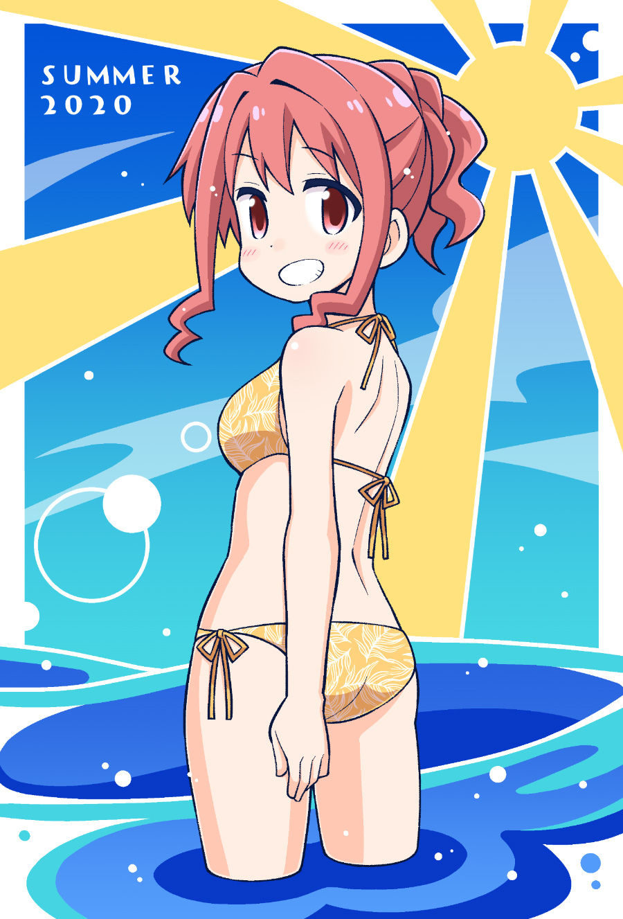 1girl ass bangs bare_arms bare_shoulders bikini blush breasts brown_eyes commentary_request day eyebrows_visible_through_hair from_behind grin hair_between_eyes highres hozuki_kaede looking_at_viewer looking_back medium_breasts nekotoufu onii-chan_wa_oshimai ponytail red_eyes side-tie_bikini sidelocks smile solo standing sun_(symbol) swimsuit wading water yellow_bikini