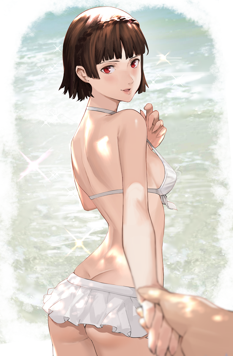 1boy 1girl :d ass bare_arms bare_back bare_shoulders beach bikini blush braid breasts brown_hair butt_crack commentary crown_braid day english_commentary foreshortening from_behind hand_on_own_chest highres holding_hands j@ck looking_at_viewer looking_back medium_breasts niijima_makoto open_mouth outdoors persona persona_5 pov red_eyes short_hair sideboob smile solo_focus sparkle swimsuit water white_bikini