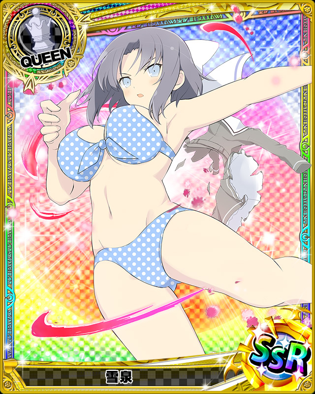 1girl bikini blue_eyes blue_hair bow breasts card_(medium) character_name chess_piece hair_bow high_school_dxd large_breasts navel official_art open_mouth polka_dot polka_dot_bikini queen_(chess) school_uniform senran_kagura short_hair solo source_request stomach swimsuit torn_clothes trading_card white_bow yumi_(senran_kagura)