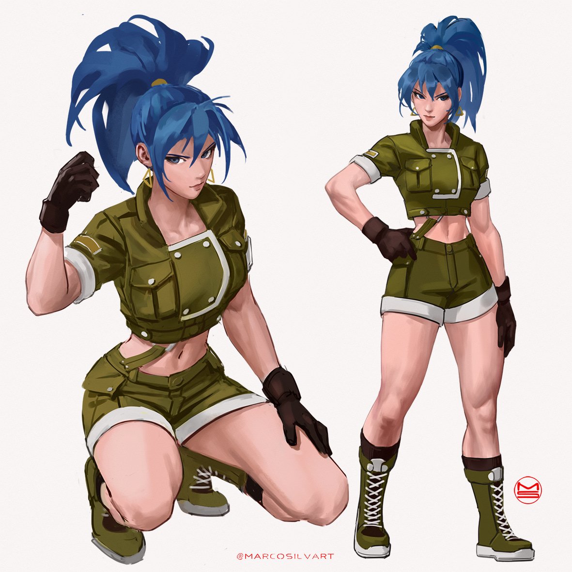 1girl bangs black_gloves blue_hair boots earrings gloves green_jacket green_shorts high_ponytail jacket jewelry leona_heidern marcosilvart midriff military military_uniform multiple_views navel ponytail shorts signature simple_background soldier the_king_of_fighters uniform watermark web_address white_background