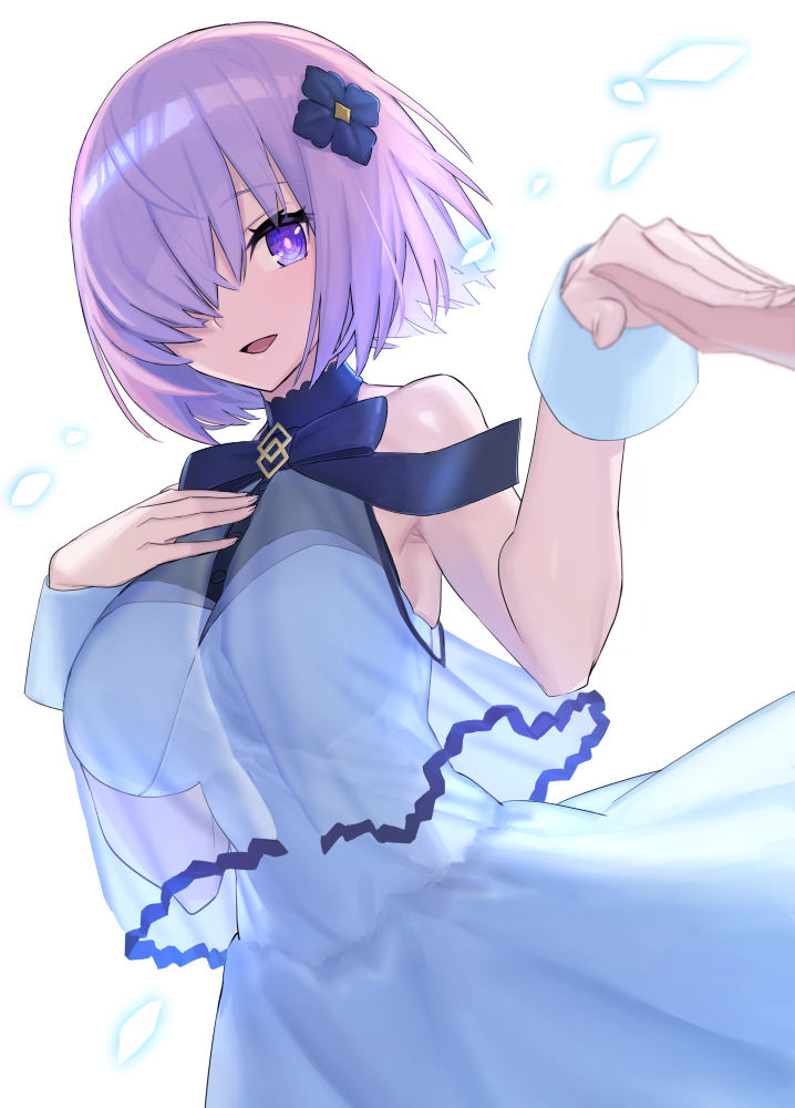 1girl bangs bare_shoulders breasts chorefuji commentary dress eyebrows_visible_through_hair eyelashes fate_(series) fingernails hair_ornament hair_over_one_eye hand_up holding_hands looking_to_the_side mash_kyrielight neck_ribbon open_mouth purple_hair ribbon short_hair smile tongue violet_eyes white_background wrist_cuffs