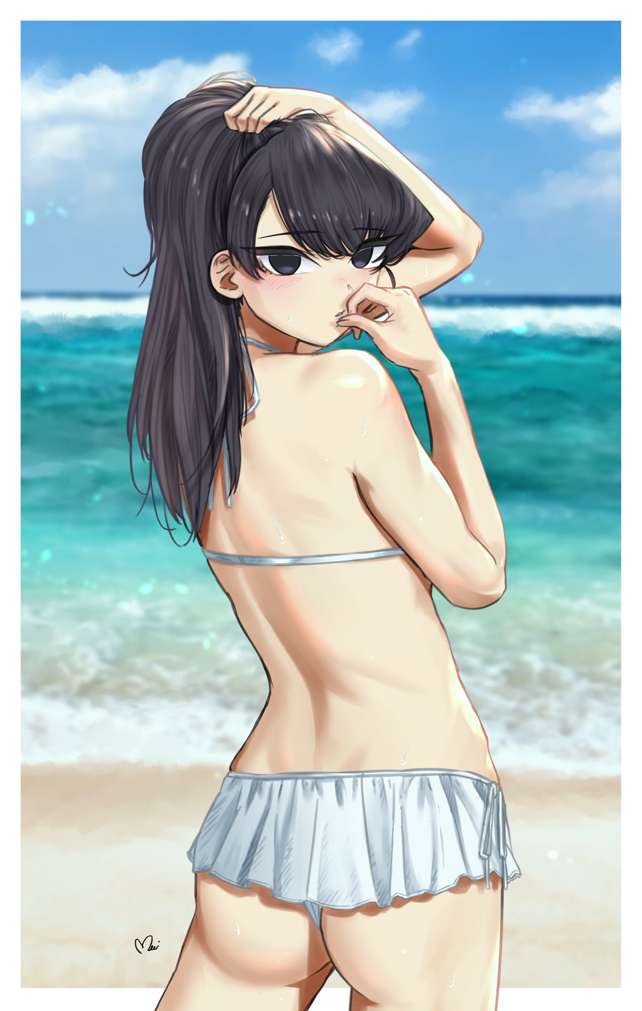 1girl arm_up ass bangs bare_arms bare_shoulders beach bikini bikini_skirt black_eyes black_hair blue_sky blush clouds dimples_of_venus eyebrows_visible_through_hair hair_between_eyes hair_grab halterneck hand_in_hair highres komi-san_wa_komyushou_desu komi_shouko long_hair looking_at_viewer looking_back mitsugu ocean outdoors parted_lips ponytail pose sand signature sky sleeveless solo swimsuit water white_bikini