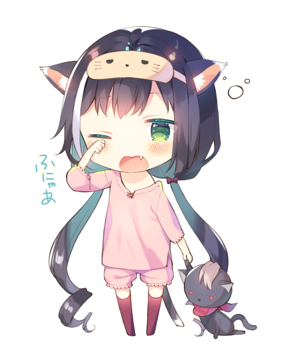 1girl animal_ear_fluff animal_ears black_hair blush bow cat_ears cat_girl cat_tail commentary_request fang full_body green_eyes hair_bow hand_up holding holding_stuffed_animal karyl_(princess_connect!) long_hair long_sleeves low_twintails mask mask_on_head multicolored_hair no_shoes off_shoulder one_eye_closed open_mouth pink_shirt pink_shorts princess_connect! princess_connect!_re:dive red_bow red_legwear rubbing_eyes shirt short_shorts shorts simple_background sleep_mask sleepy solo standing streaked_hair stuffed_animal stuffed_cat stuffed_toy tail thigh-highs translation_request twintails very_long_hair waking_up wavy_mouth white_background white_hair yuizaki_kazuya