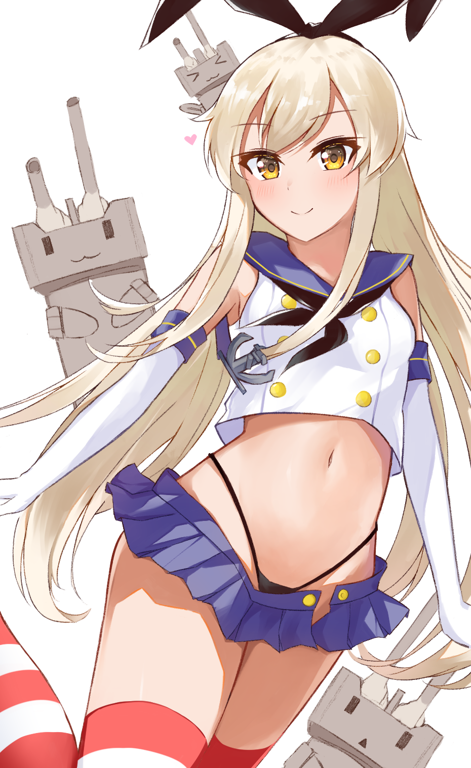 1girl bare_shoulders black_panties blonde_hair blue_skirt crop_top crop_top_overhang elbow_gloves gloves hair_ribbon highres kantai_collection long_hair looking_at_viewer meuneyu microskirt midriff navel neckerchief panties rensouhou-chan ribbon sailor_collar shimakaze_(kantai_collection) shirt skirt sleeveless sleeveless_shirt smile solo stomach string_panties striped striped_legwear thigh-highs thighs underwear very_long_hair white_gloves white_shirt yellow_eyes zettai_ryouiki