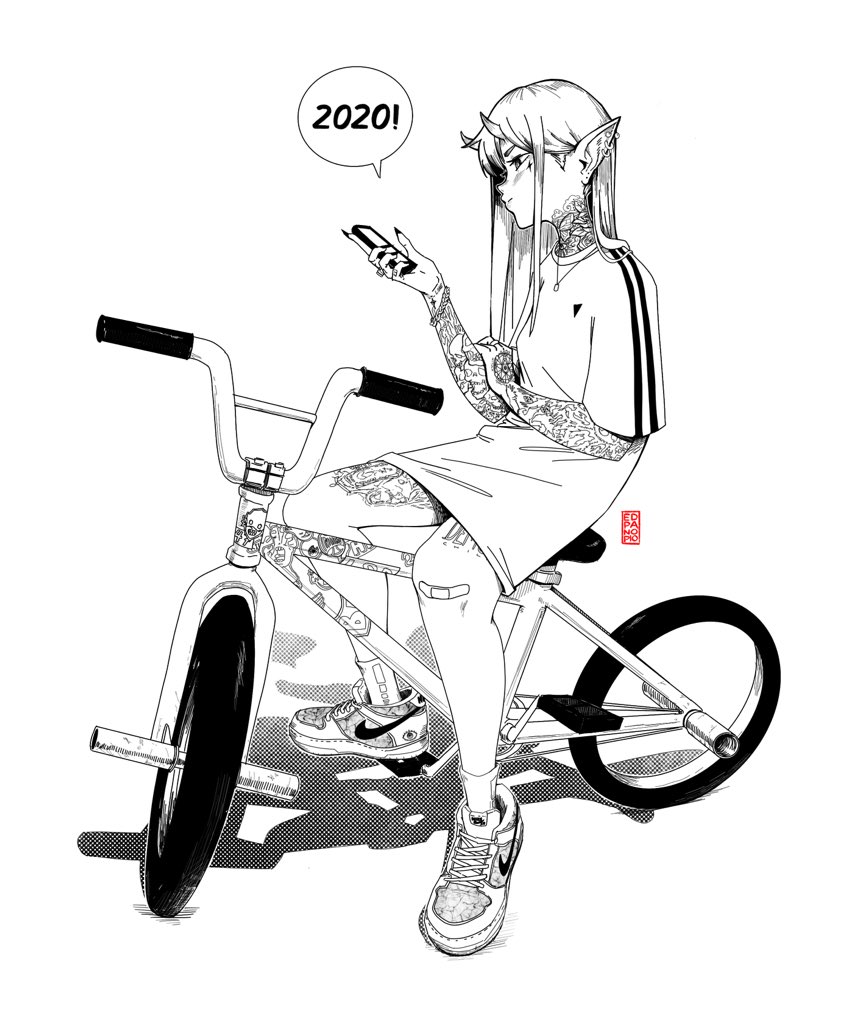 1girl 2020 bandaid bandaid_on_knee bicycle cellphone closed_mouth commentary earrings edpan english_commentary fingernails full_body_tattoo greyscale ground_vehicle holding holding_phone horns jewelry long_hair monochrome necklace nike oni oni_horns original phone pointy_ears riding_bicycle shirt shoes short_sleeves signature smartphone smile socks solo tattoo