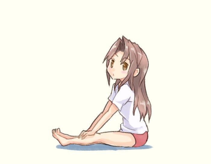 1girl alternate_costume barefoot beige_background brown_eyes brown_hair commentary_request full_body kantai_collection long_hair looking_at_viewer otoufu red_shorts shirt shorts simple_background sitting sleepwear solo t-shirt white_shirt zuihou_(kantai_collection)