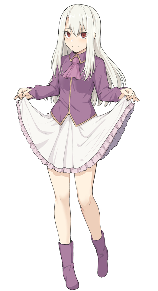 1girl ascot bangs bare_legs blonde_hair blush boots fate/stay_night fate_(series) frilled_skirt frills full_body illyasviel_von_einzbern jacket lifted_by_self long_hair long_sleeves looking_at_viewer purple_jacket red_eyes shiseki_hirame skirt skirt_lift smile solo white_skirt