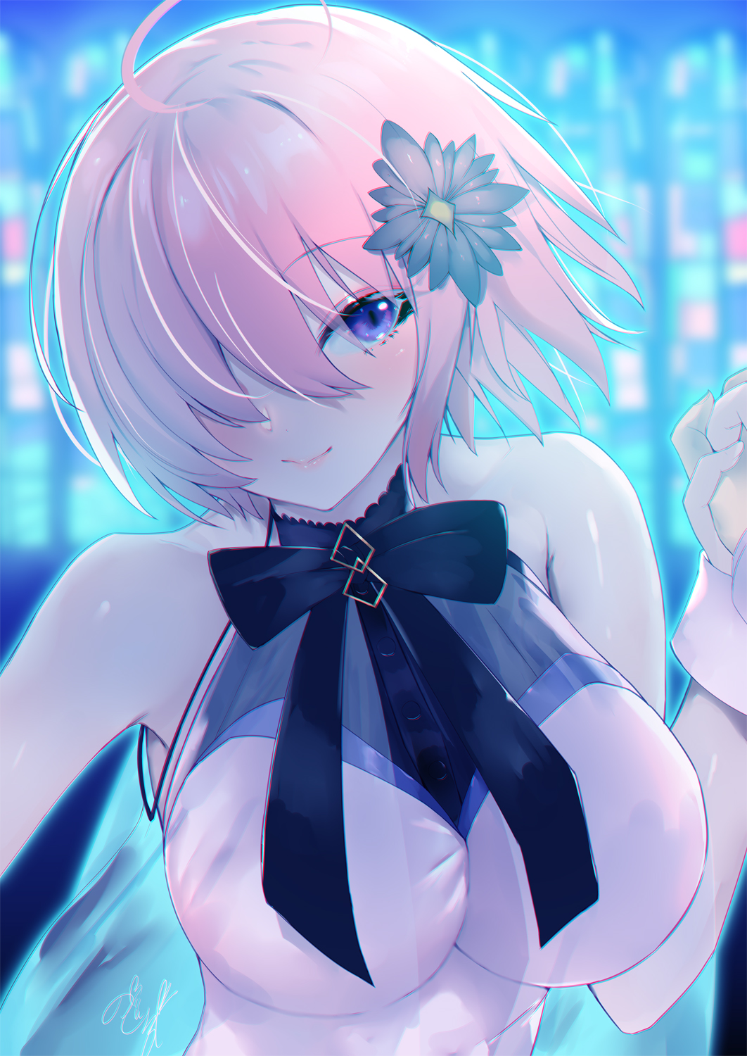 1girl ahoge bangs bare_shoulders black_bow black_flower blurry blurry_background blush bow breasts closed_mouth commentary_request depth_of_field dress eyebrows_visible_through_hair fate/grand_order fate_(series) flower gloves hair_flower hair_ornament hair_over_one_eye hand_up highres mash_kyrielight medium_breasts noto_kurumi pink_hair sleeveless sleeveless_dress smile solo upper_body violet_eyes white_dress white_gloves