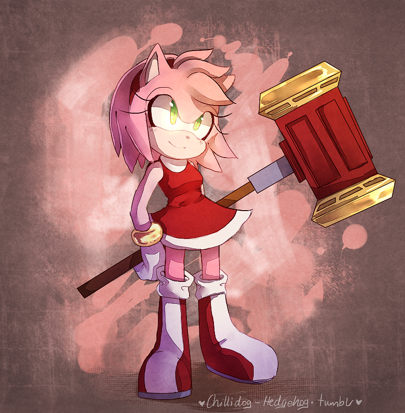 1girl amy_rose animal_ears arm_behind_back artist_name bangs blush boots breasts closed_mouth commentary dress english_commentary full_body furry gloves green_eyes hairband hammer happy heart holding holding_weapon huge_weapon knee_boots light_blush medium_breasts pink_background pink_hair red_dress red_footwear red_hairband short_hair simple_background sketch sleeveless sleeveless_dress smile solo sonic_the_hedgehog spacecolonie standing tumblr_username weapon white_gloves
