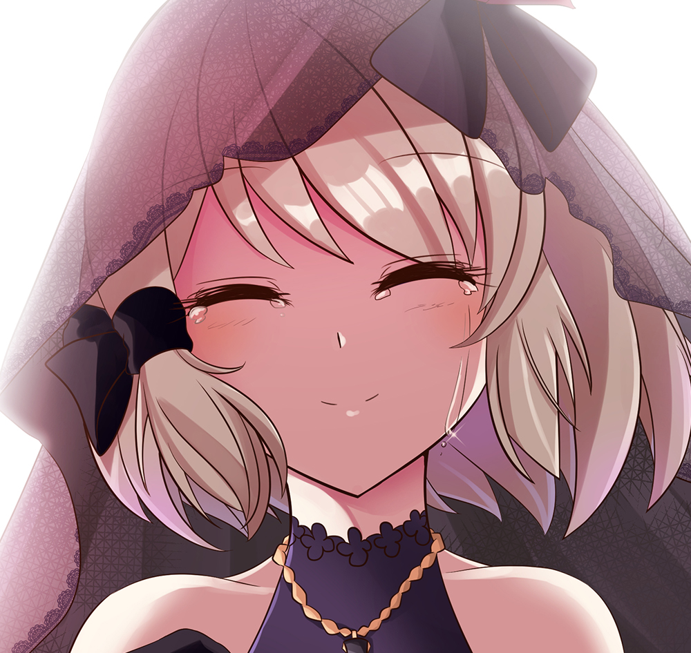 1girl ^_^ azur_lane bare_shoulders black_dress black_gloves bow bridal_veil close-up closed_eyes collarbone commentary_request crying dress gloves grey_hair hair_bow hair_ribbon jewelry looking_at_viewer mary_fate necklace ribbon shade short_hair simple_background smile solo streaming_tears tears turtleneck_dress veil wedding_dress white_background wind z23_(azur_lane) z23_(schwarze_hochzeit)_(azur_lane)
